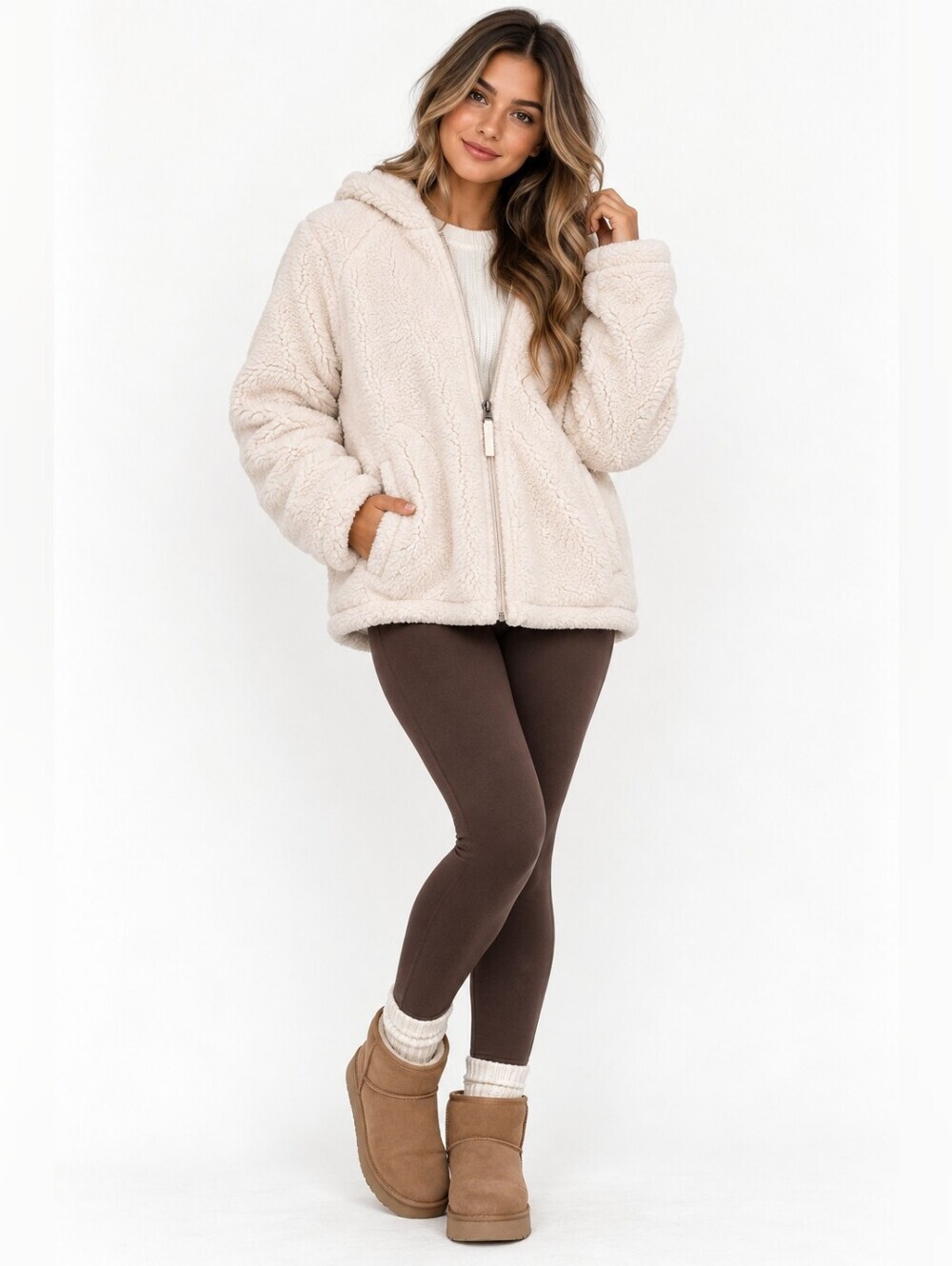 Women's Weatherproof Winter White Fleece Hooded Teddy Jacket Size L